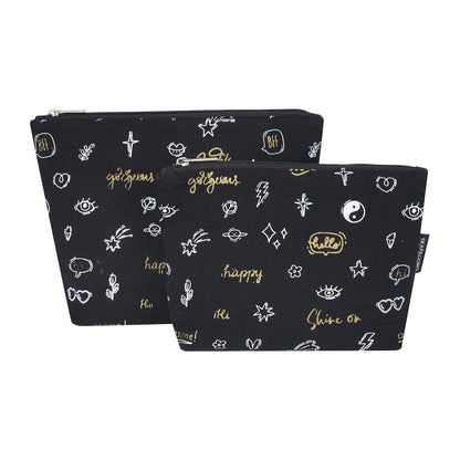 Skapadoro Travel Organiser Multipurpose Pouch Kit for Girls Women, Cotton with PetBottle Recycled Lining Set of 2 - Make-up Pouch, Toiletries Kit (Black)