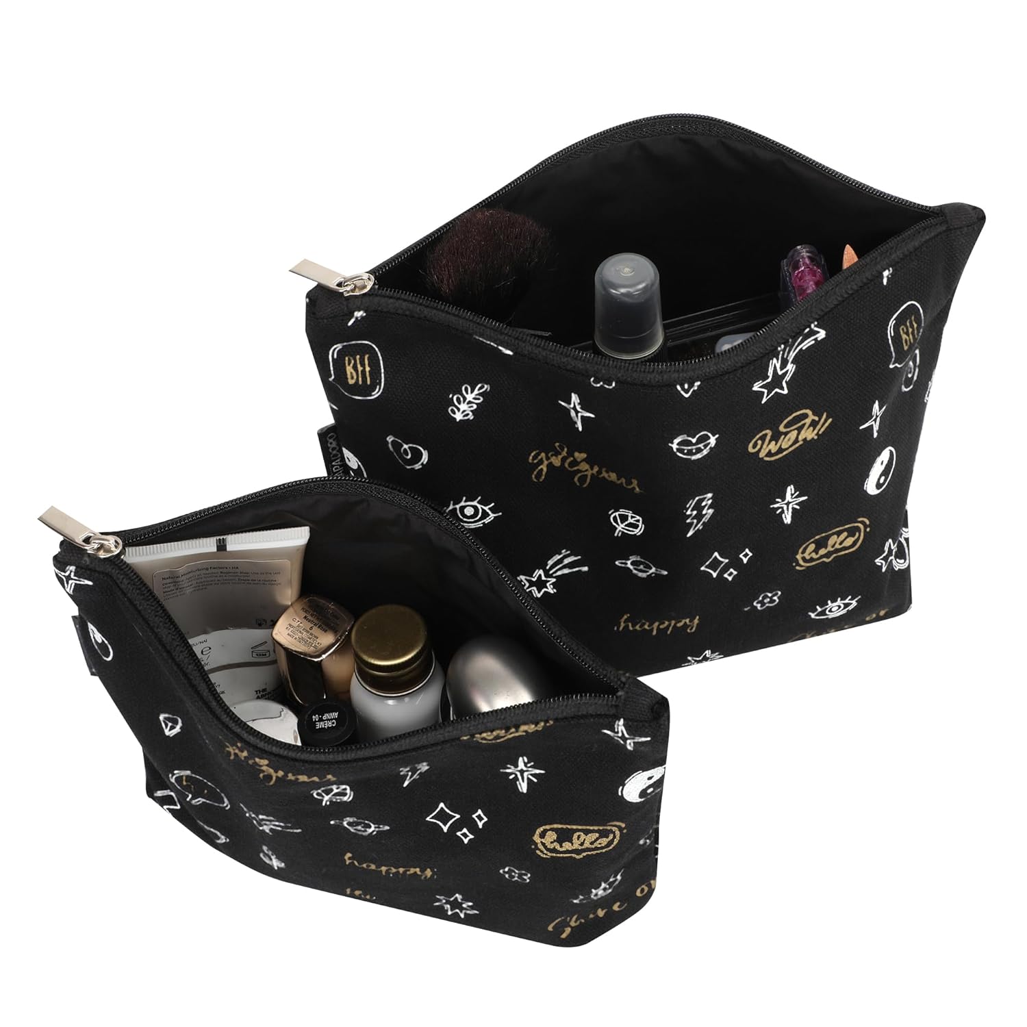 Skapadoro Travel Organiser Multipurpose Pouch Kit for Girls Women, Cotton with PetBottle Recycled Lining Set of 2 - Make-up Pouch, Toiletries Kit (Black)