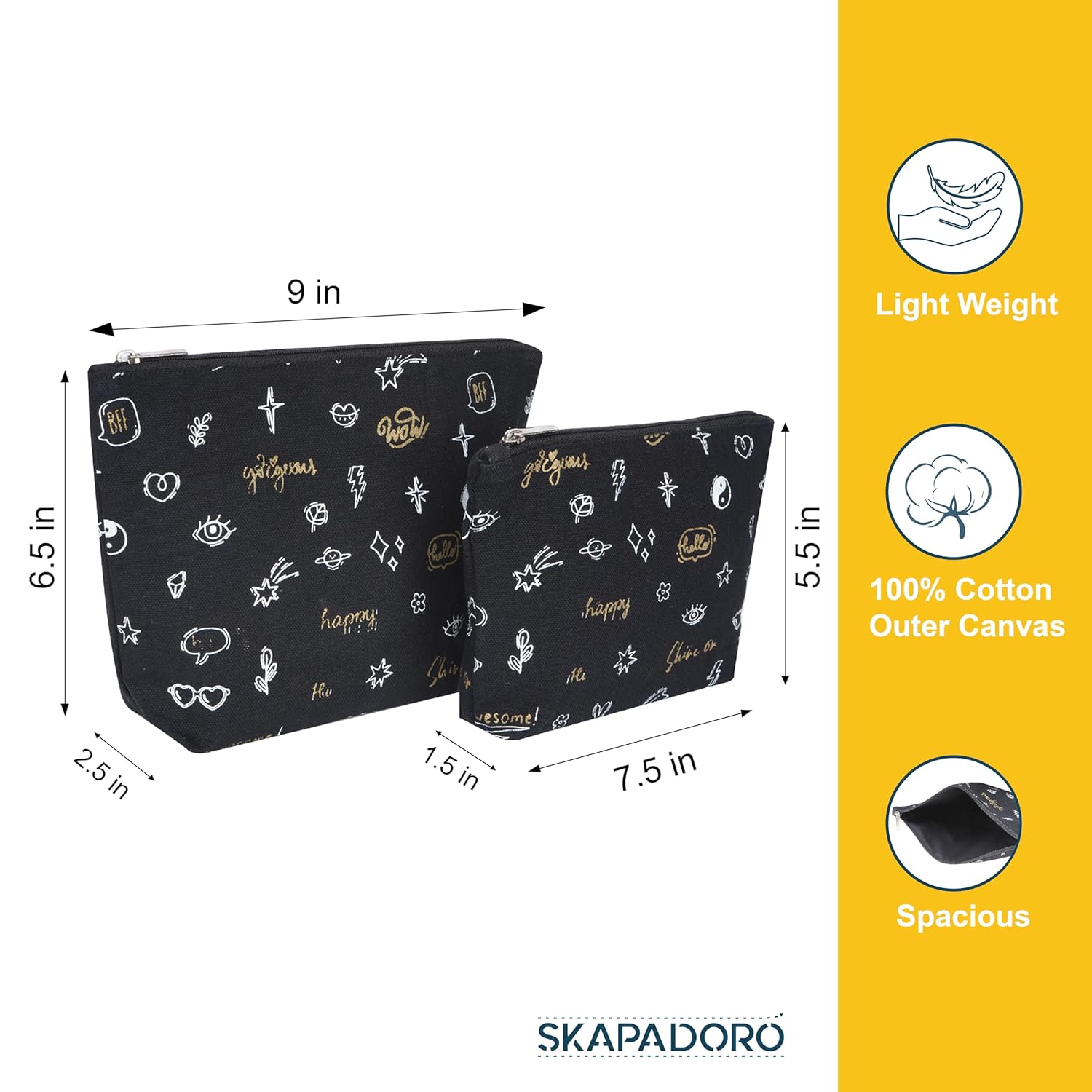 Skapadoro Travel Organiser Multipurpose Pouch Kit for Girls Women, Cotton with PetBottle Recycled Lining Set of 2 - Make-up Pouch, Toiletries Kit (Black)