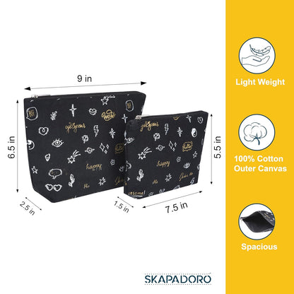 Skapadoro Travel Organiser Multipurpose Pouch Kit for Girls Women, Cotton with PetBottle Recycled Lining Set of 2 - Make-up Pouch, Toiletries Kit (Black)