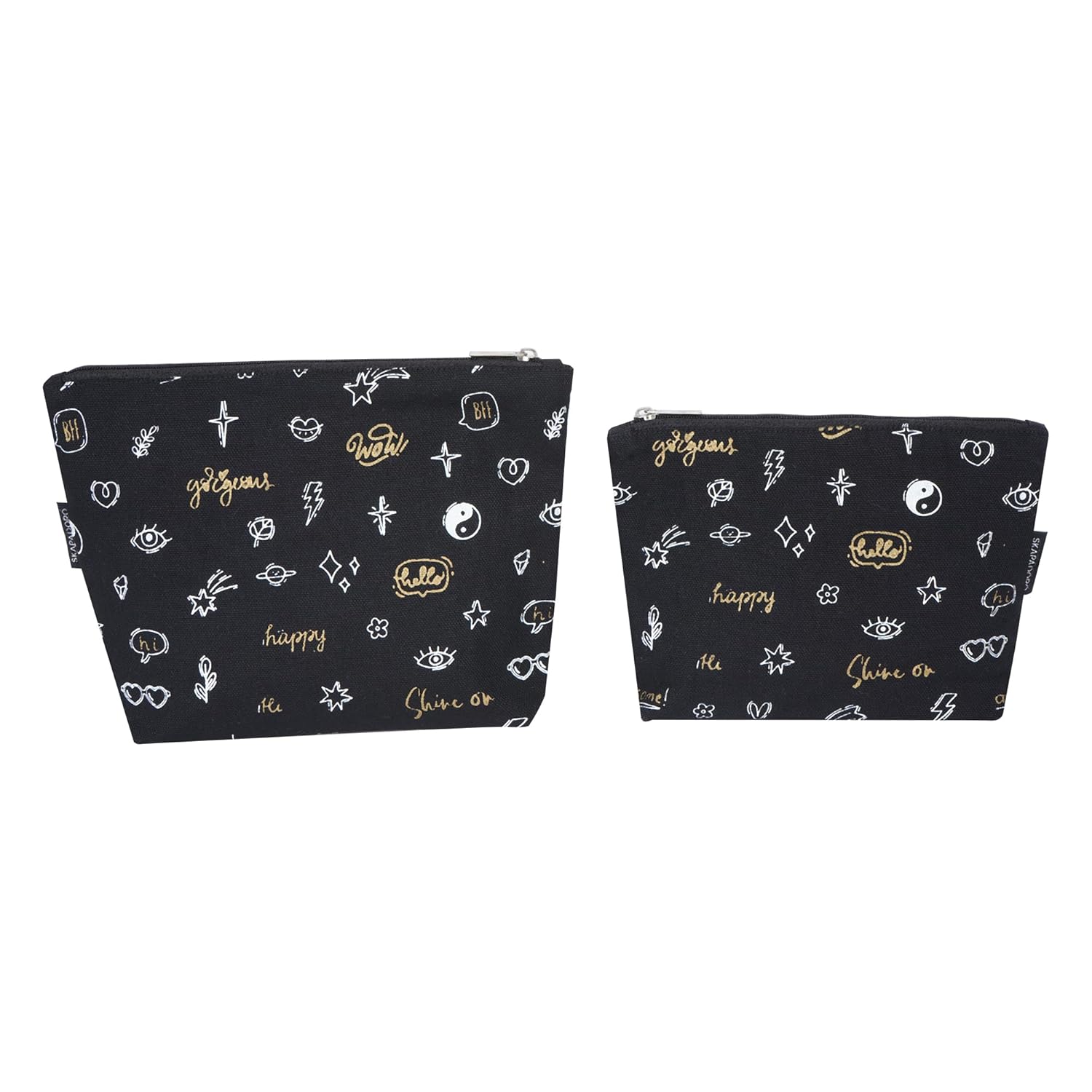 Skapadoro Travel Organiser Multipurpose Pouch Kit for Girls Women, Cotton with PetBottle Recycled Lining Set of 2 - Make-up Pouch, Toiletries Kit (Black)