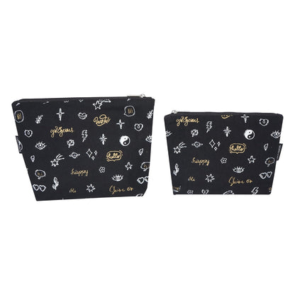 Skapadoro Travel Organiser Multipurpose Pouch Kit for Girls Women, Cotton with PetBottle Recycled Lining Set of 2 - Make-up Pouch, Toiletries Kit (Black)