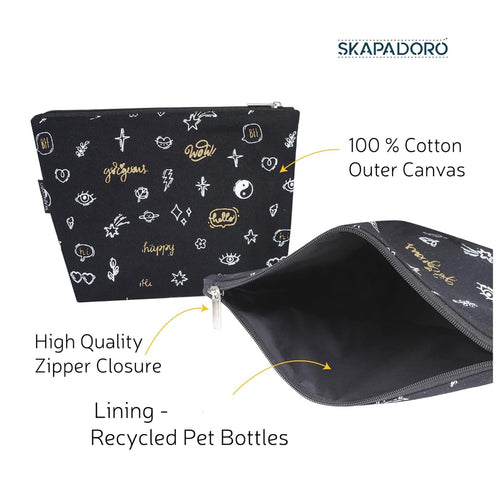 Skapadoro Travel Organiser Multipurpose Pouch Kit for Girls Women, Cotton with PetBottle Recycled Lining Set of 2 - Make-up Pouch, Toiletries Kit (Black)