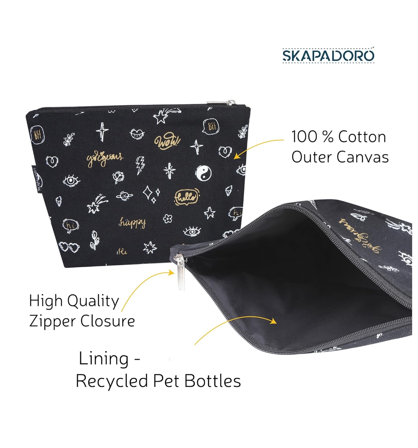 Skapadoro Travel Organiser Multipurpose Pouch Kit for Girls Women, Cotton with PetBottle Recycled Lining Set of 2 - Make-up Pouch, Toiletries Kit (Black)