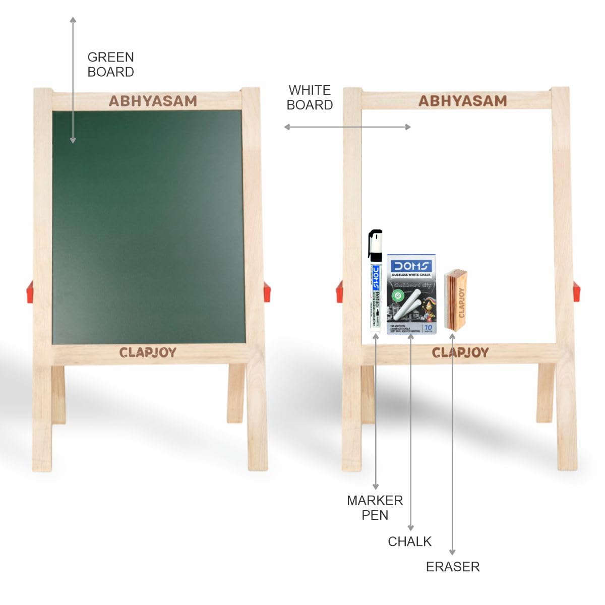 Clapjoy Abhyasam Wooden Double-Sided Small Easel Board for Kids Ð 9x12 inch Whiteboard & Black Board with Chalks, Duster & Markers | Fun Learning & Creativity (Small)