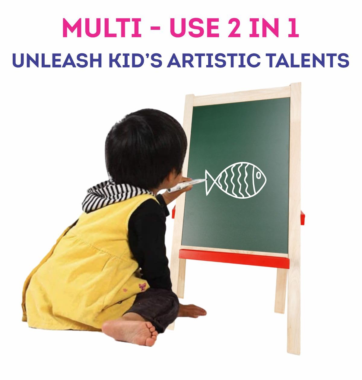Clapjoy Abhyasam Wooden Double-Sided Small Easel Board for Kids Ð 9x12 inch Whiteboard & Black Board with Chalks, Duster & Markers | Fun Learning & Creativity (Small)