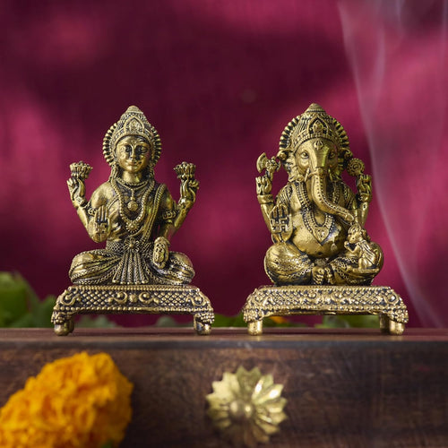 ESPLANADE Brass Laxmi Ganesh Murti Set - 3 inch, Small Lakshmi Ganesha Idol for Home Mandir, Diwali, Pooja Décor, Housewarming Gift Detailing