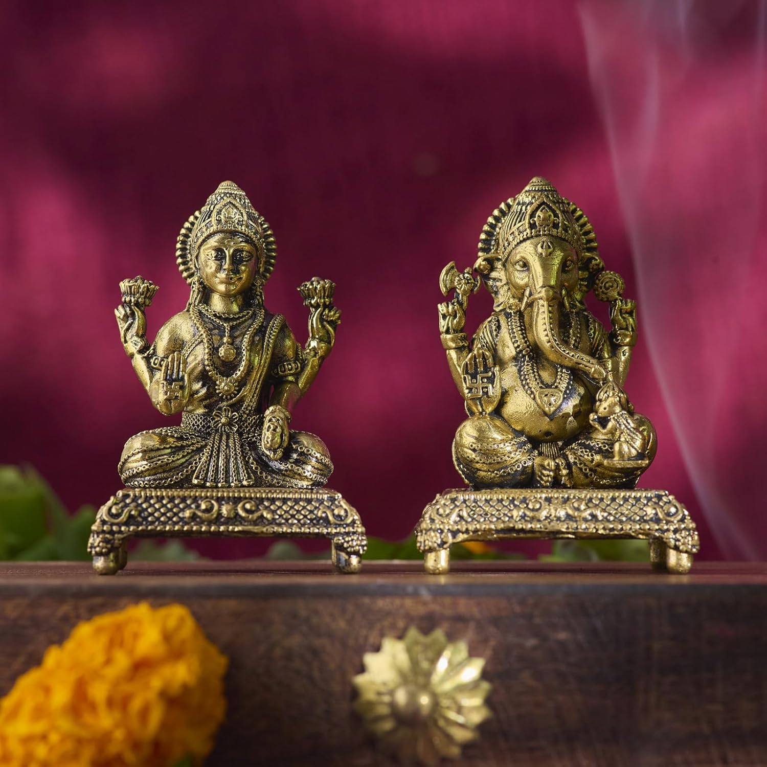 ESPLANADE Brass Laxmi Ganesh Murti Set - 3 inch, Small Lakshmi Ganesha Idol for Home Mandir, Diwali, Pooja Décor, Housewarming Gift Detailing