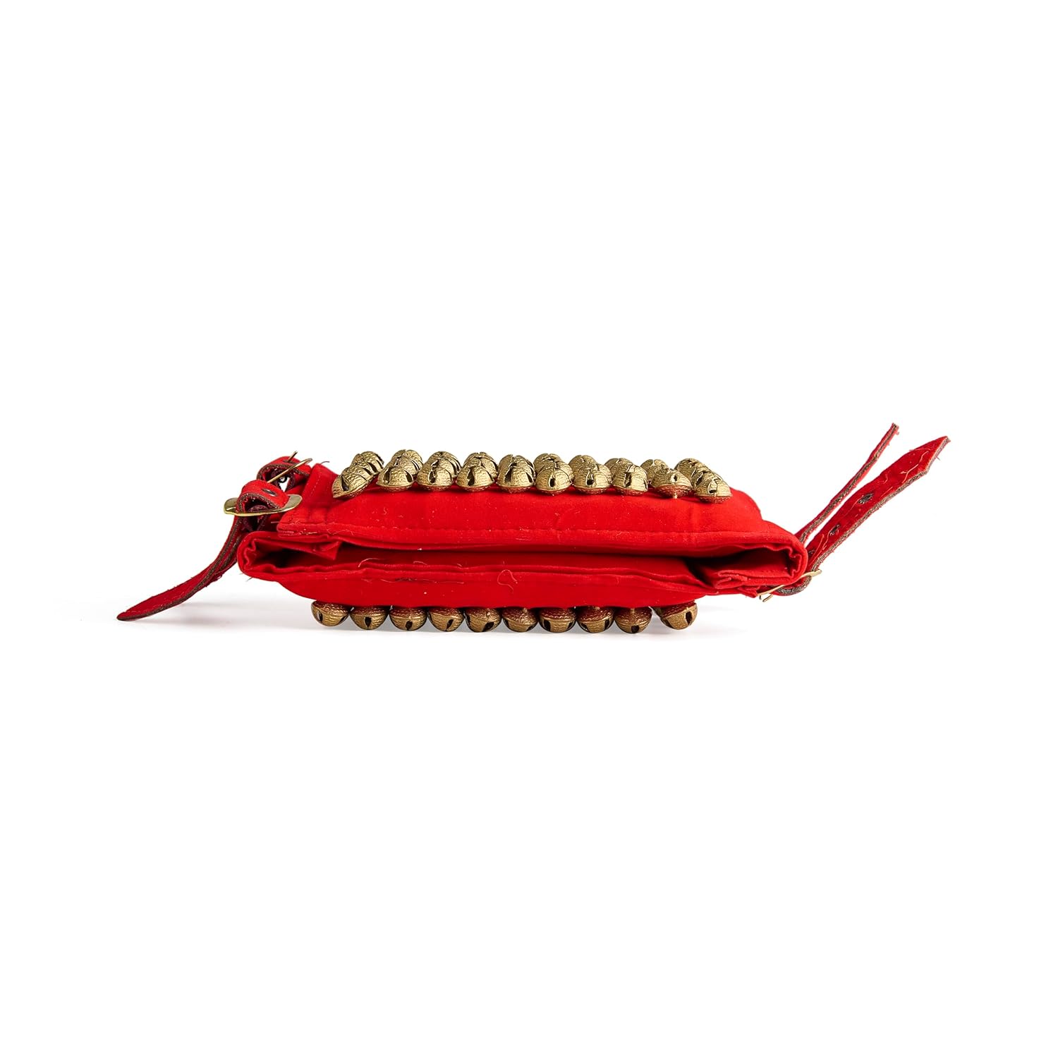 Esplanade Ghungroo Pad for Kathak, Brass 5-Line Ankle Bells, Velvet Pad with Adjustable Strap for Bharatanatyam and Classical Dance - Red