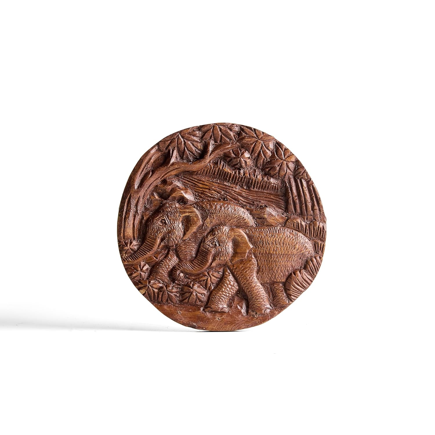 ESPLANADE Round Wooden Wall Hanging - Elephant Wall Hanging Home Decor - Traditional Vintage Design - 8" Diameter