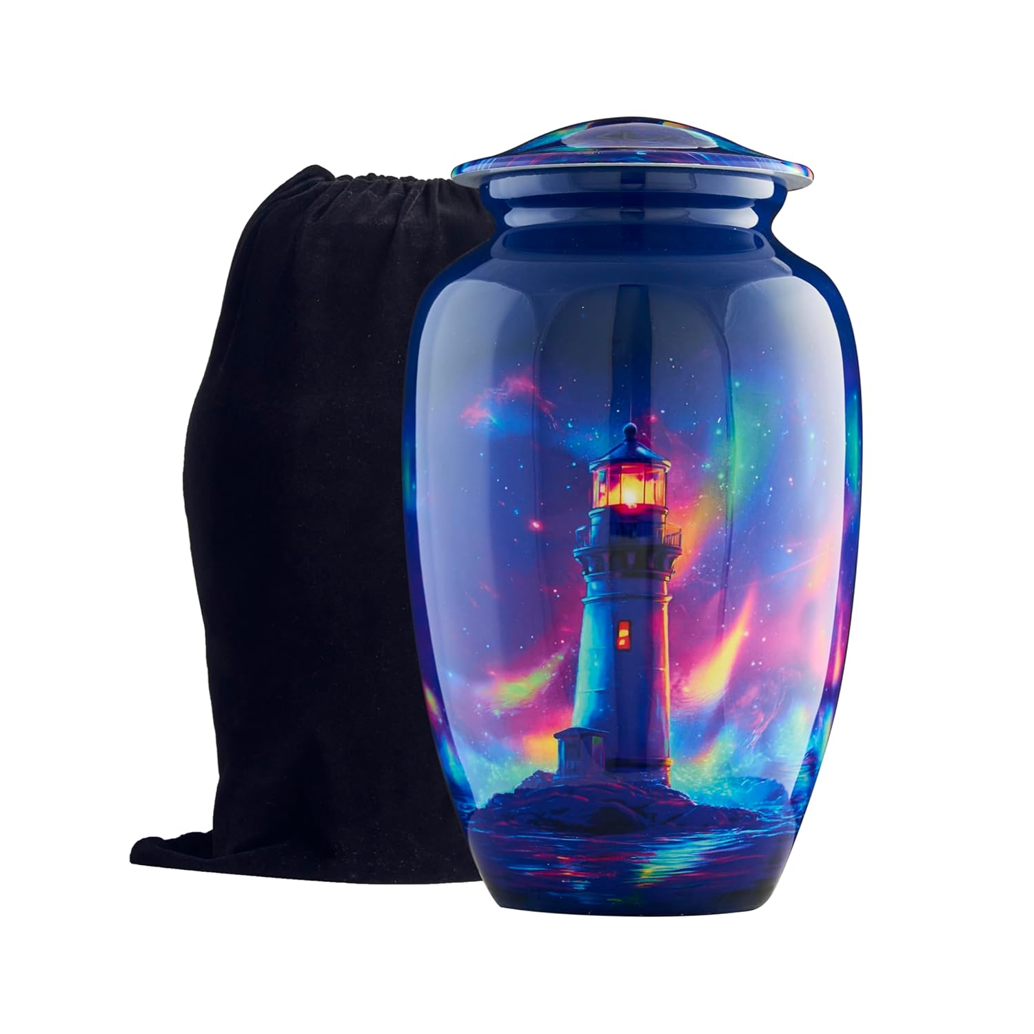 Esplanade Metal Urn for Ashes Adult Male Female – 10" Cremation Urn for Human Ashes, Full Size Large Urn, Aurora Northern Lights Lighthouse Blue Colour, Funeral Vase with Velvet Bag - for 80kg Adult