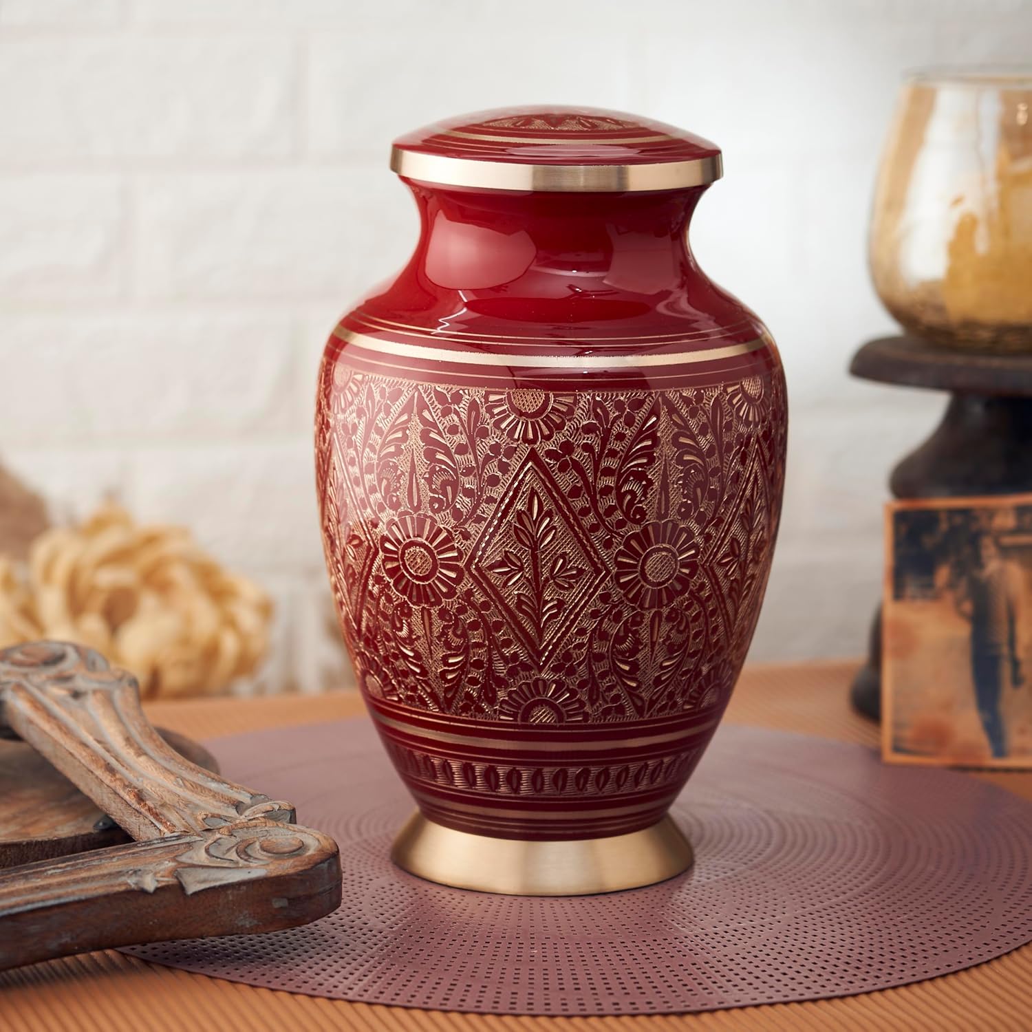 ESPLANADE Brass Urn for Ashes Adult Male Female – 10" Cremation Urn for Human Ashes, Full Size Large ERN, Engraved Geometric Floral Red Colour, Funeral Vase with Velvet Bag - for 80kg Adult