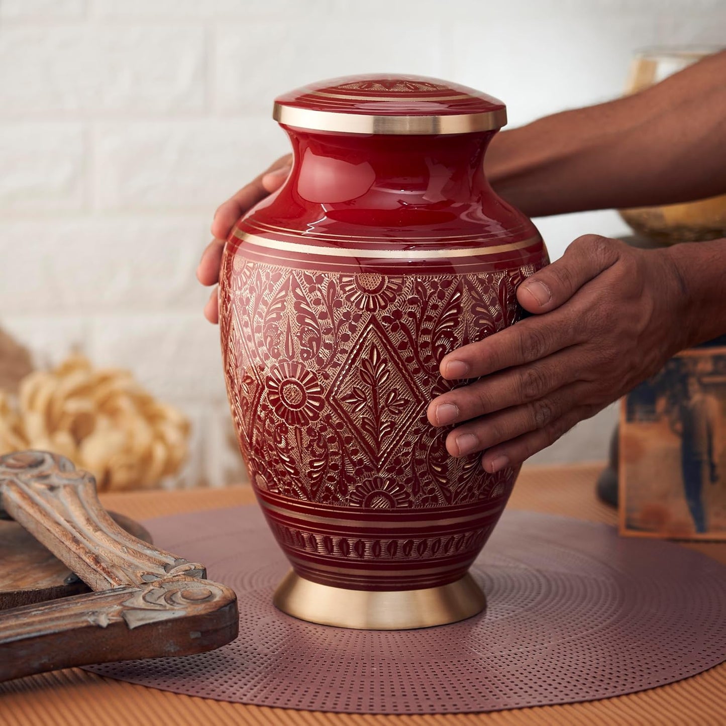 ESPLANADE Brass Urn for Ashes Adult Male Female – 10" Cremation Urn for Human Ashes, Full Size Large ERN, Engraved Geometric Floral Red Colour, Funeral Vase with Velvet Bag - for 80kg Adult