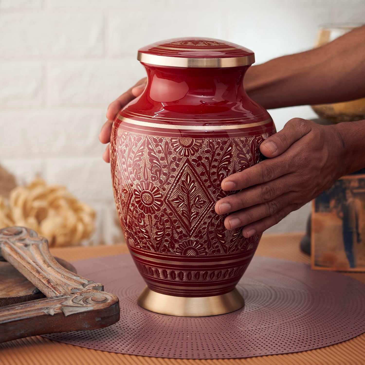 ESPLANADE Brass Urn for Ashes Adult Male Female – 10" Cremation Urn for Human Ashes, Full Size Large ERN, Engraved Geometric Floral Red Colour, Funeral Vase with Velvet Bag - for 80kg Adult