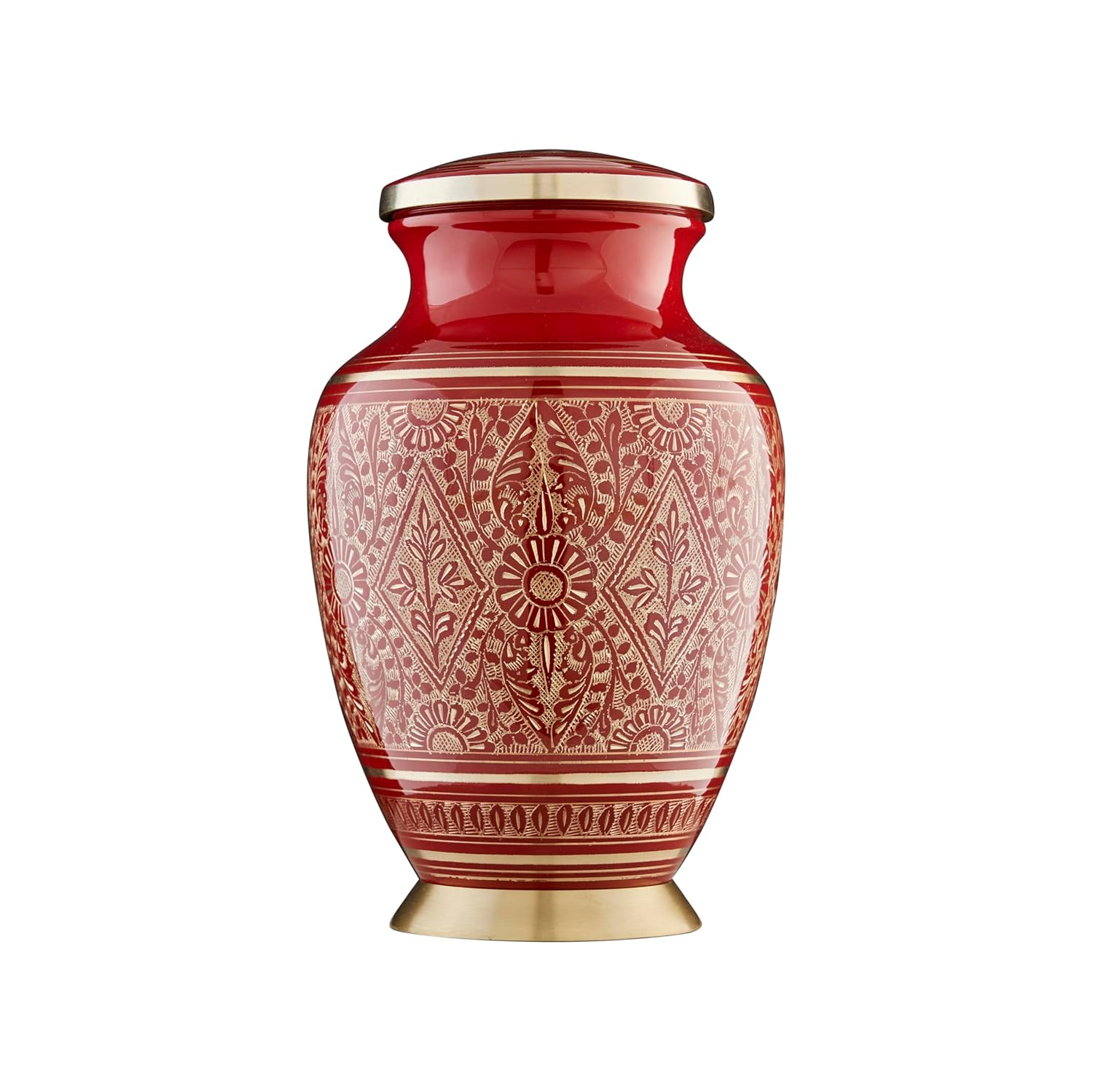 ESPLANADE Brass Urn for Ashes Adult Male Female – 10" Cremation Urn for Human Ashes, Full Size Large ERN, Engraved Geometric Floral Red Colour, Funeral Vase with Velvet Bag - for 80kg Adult