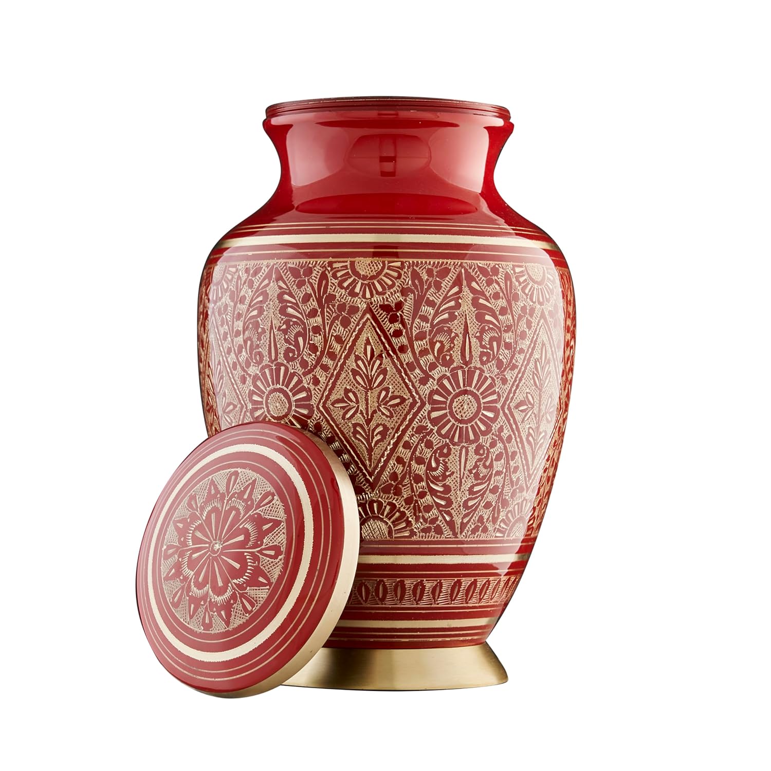 ESPLANADE Brass Urn for Ashes Adult Male Female – 10" Cremation Urn for Human Ashes, Full Size Large ERN, Engraved Geometric Floral Red Colour, Funeral Vase with Velvet Bag - for 80kg Adult