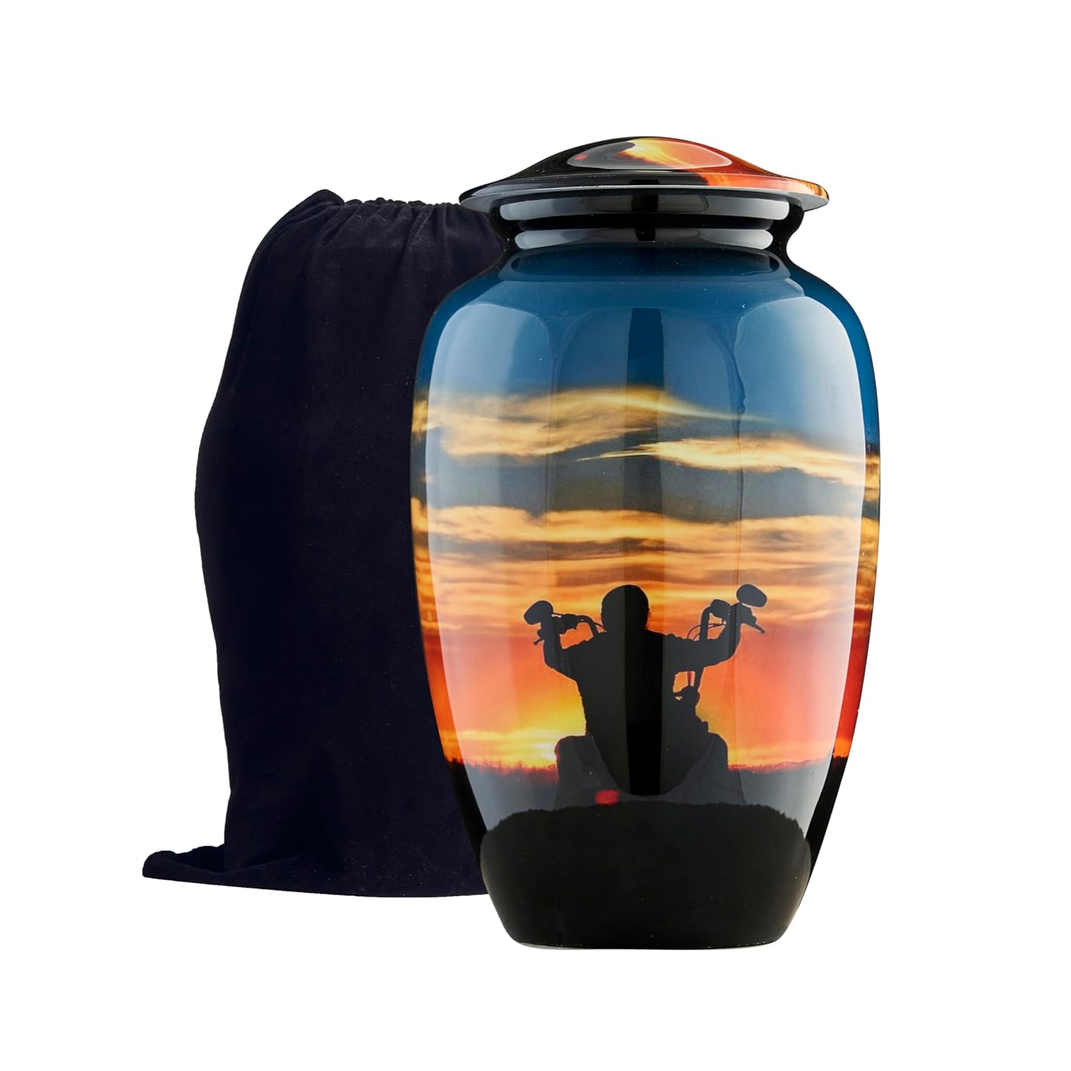 Esplanade Metal Urn for Ashes Adult Male Female – 10" Cremation Urn for Human Ashes, Full Size Large Urn, Sunset Orange Blue ERN with Bike, Funeral Vase with Velvet Bag - for 80kg Adult