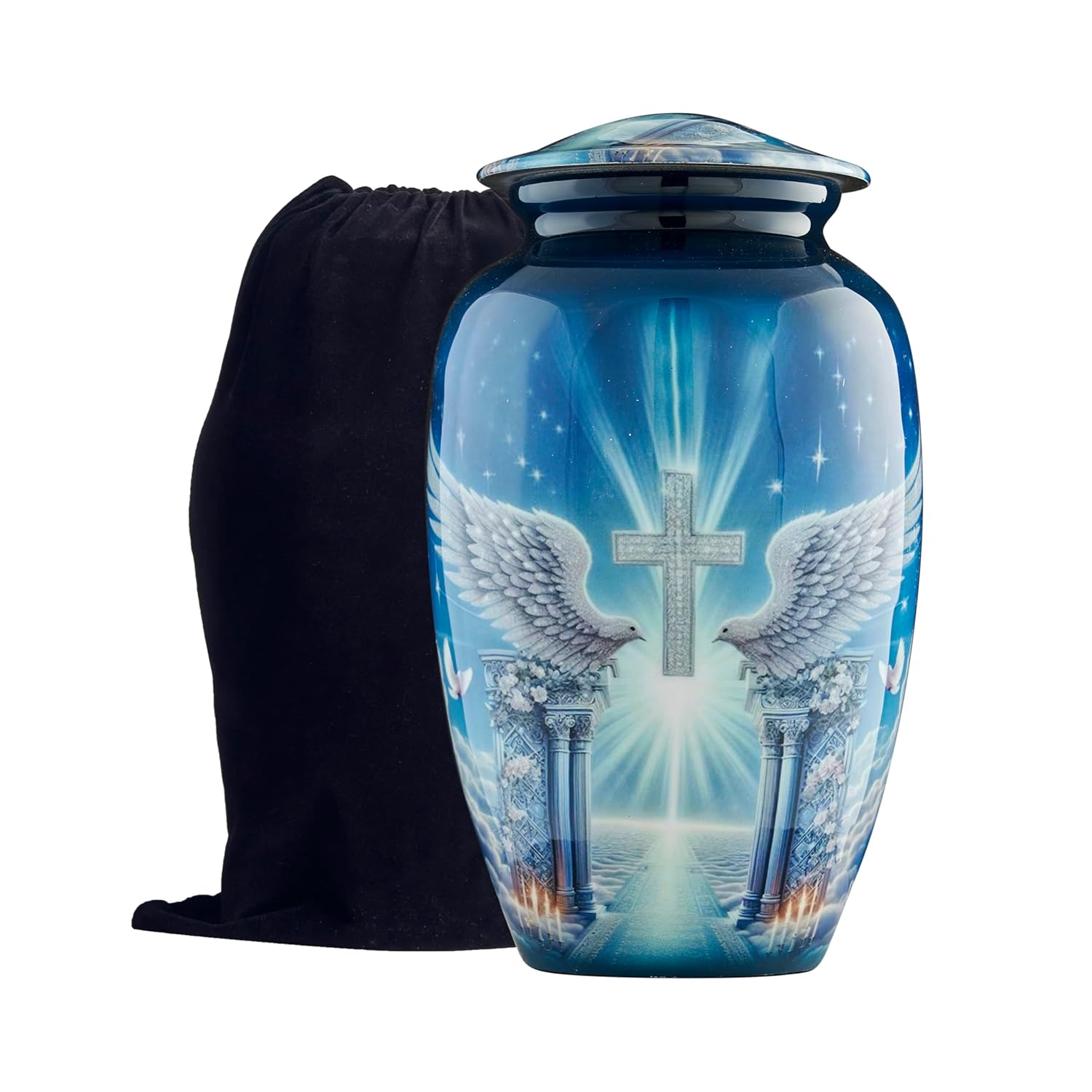 Esplanade Metal Urn for Ashes Adult Male Female – 10" Cremation Urn for Human Ashes, Full Size Large Urn, Heaven Cross with Two Doves in Blue Colour, Funeral Vase with Velvet Bag - for 80kg Adult
