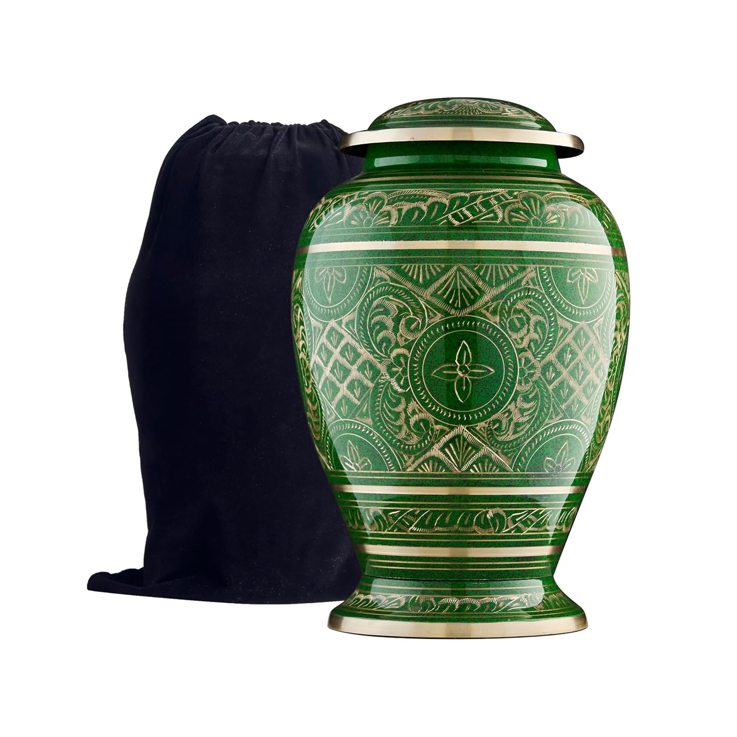Esplanade Brass Urn for Ashes Adult Male Female – 10" Cremation Urn for Human Ashes, Full Size Large Urn, Engraved Geometric Floral Green Colour, Funeral Vase with Velvet Bag - for 80kg Adult
