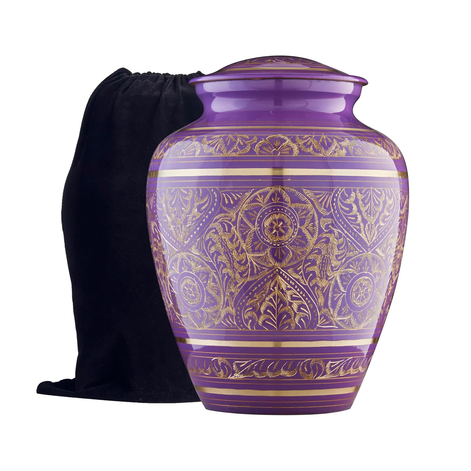 Esplanade Brass Urn for Ashes Adult Male Female – 8.5" Cremation Urn for Human Ashes, Full Size Large Urn, Engraved Geometric Floral Purple Colour, Funeral Vase with Velvet Bag - for 65kg Adult