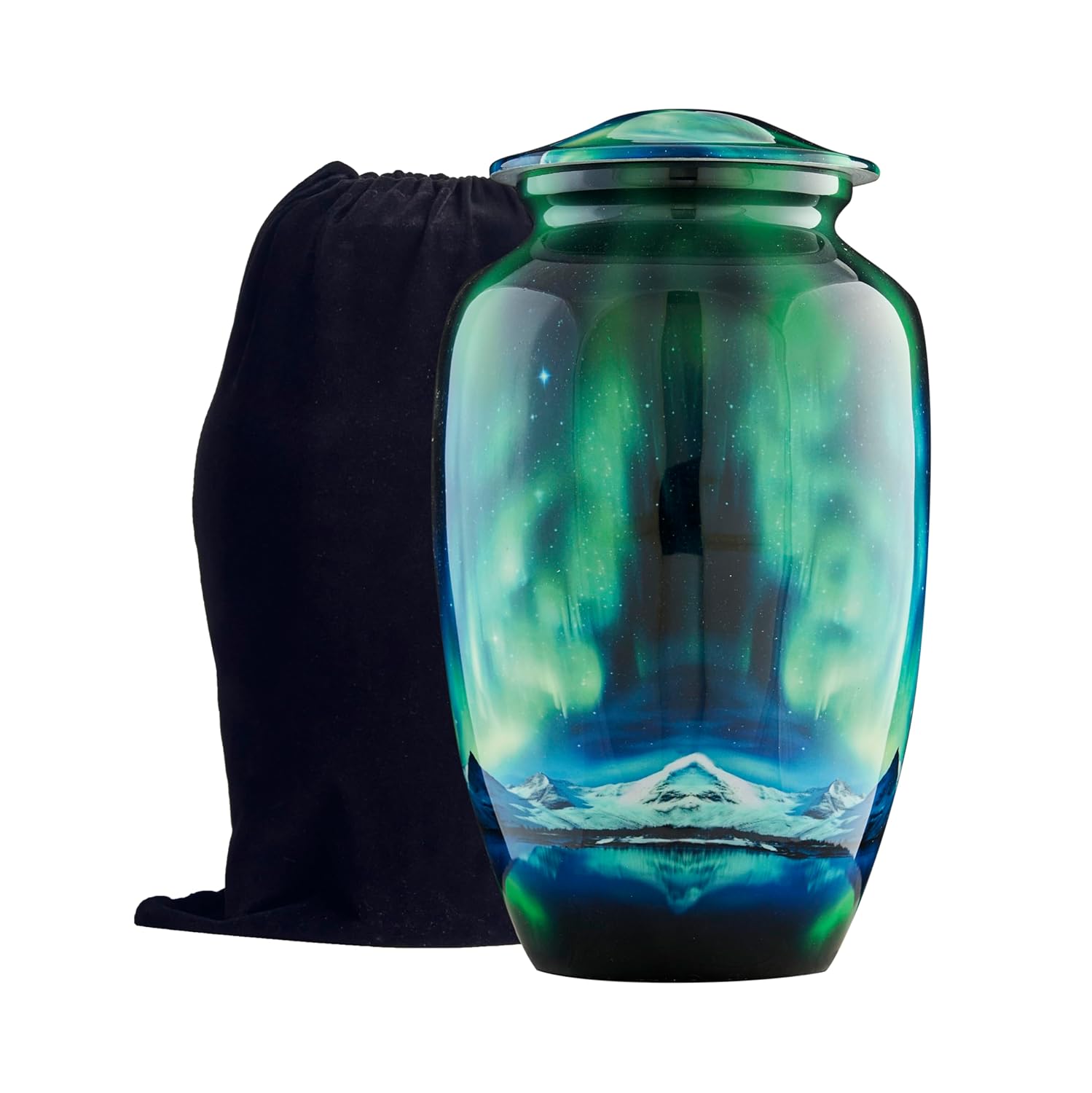 Esplanade Metal Urn for Ashes Adult Male Female – 10" Cremation Urn for Human Ashes, Full Size Large Urn, Aurora Northern Lights Mountains Blue Colour, Funeral Vase with Velvet Bag - for 80kg Adult
