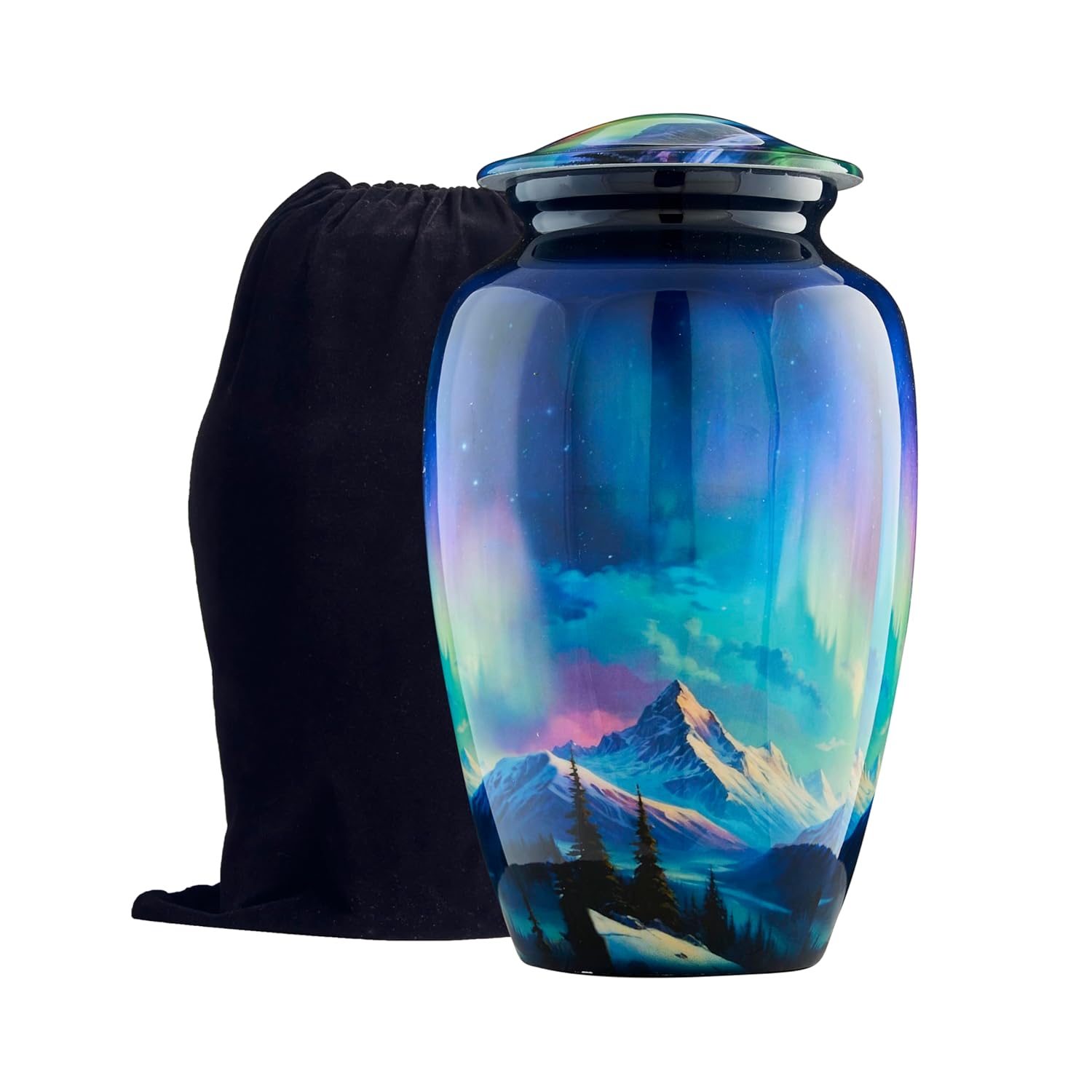 Esplanade Metal Urn for Ashes Adult Male Female – 10" Cremation Urn for Human Ashes, Full Size Large Urn, Aurora Northern Lights Forest Blue Colour, Funeral Vase with Velvet Bag - for 80kg Adult