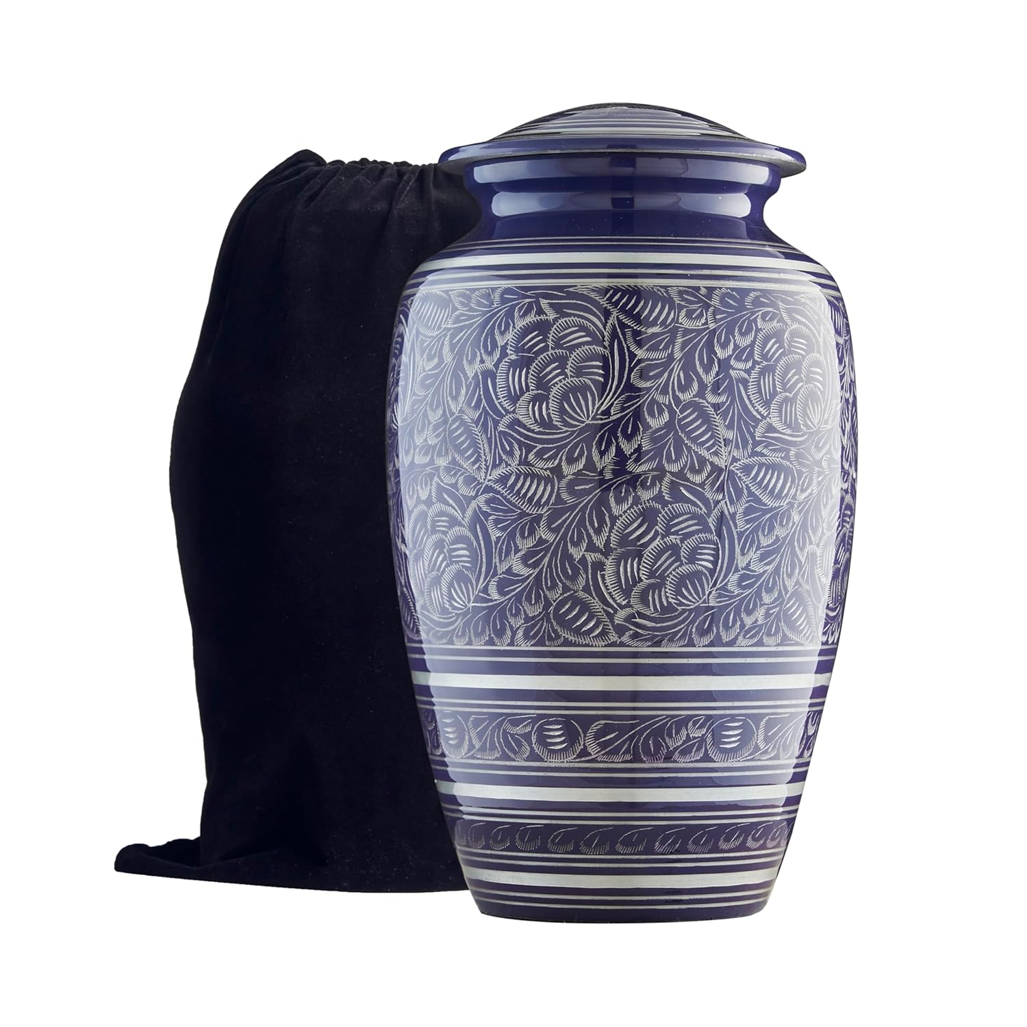 Esplanade Metal Urn for Ashes Adult Male Female – 10" Cremation Urn for Human Ashes, Full Size Large Urn, Engraved Geometric Floral Blue Colour, Funeral Vase with Velvet Bag - for 80kg Adult