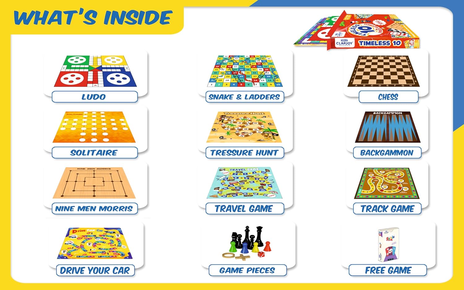 Clapjoy Timeless 10 Board Game Set | 10-in-1 Classic Indoor Games for Kids & Adults | Ludo, Snakes & Ladders, Chess, Car Drive, Travel Game & More | Fun Family & Party Game (Age 4+)
