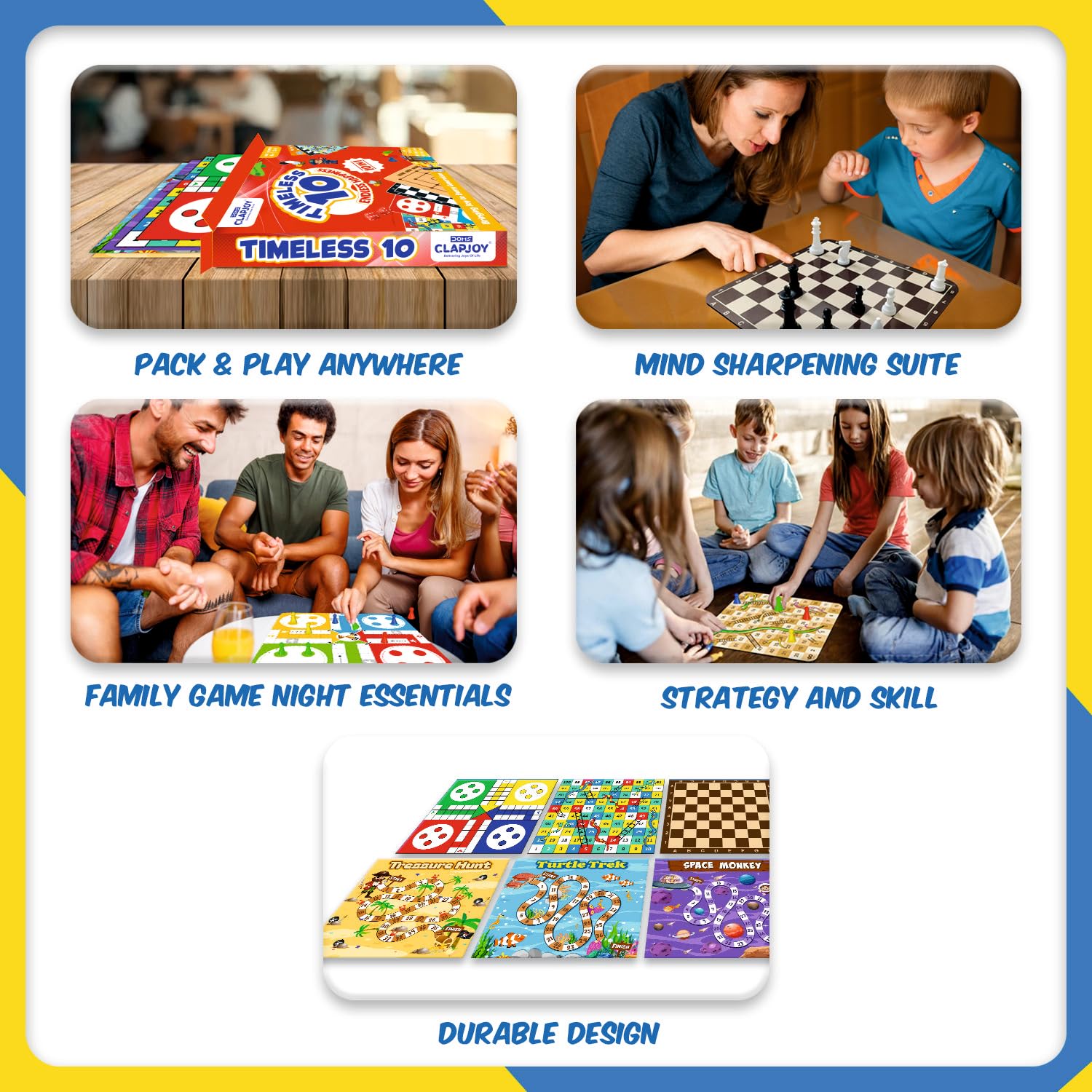 Clapjoy Timeless 10 Board Game Set | 10-in-1 Classic Indoor Games for Kids & Adults | Ludo, Snakes & Ladders, Chess, Car Drive, Travel Game & More | Fun Family & Party Game (Age 4+)