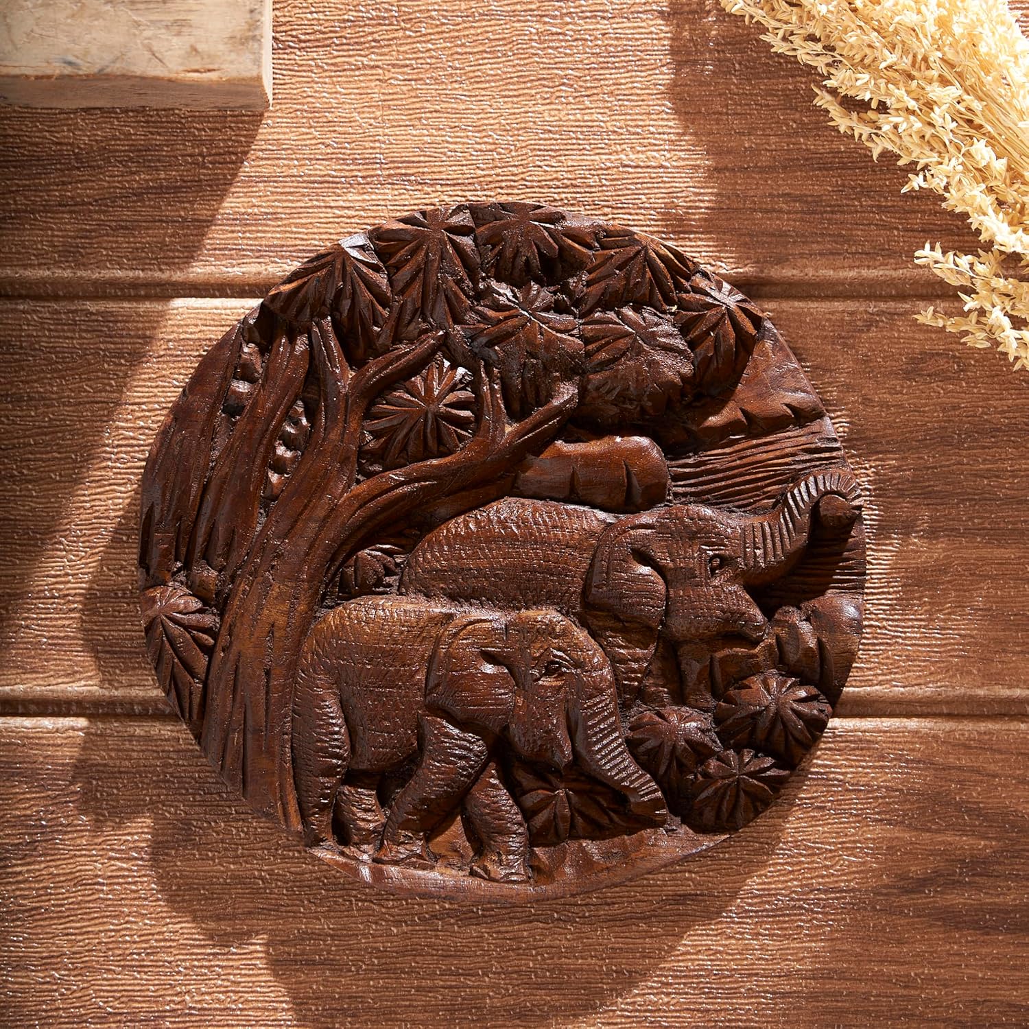 ESPLANADE Round Wooden Wall Hanging - Elephant Wall Hanging Home Decor - Traditional Vintage Design - 8" Diameter