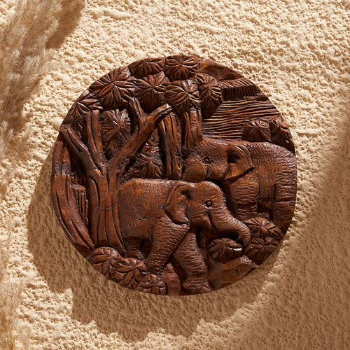 ESPLANADE Round Wooden Wall Hanging - Elephant Wall Hanging Home Decor - Traditional Vintage Design - 8