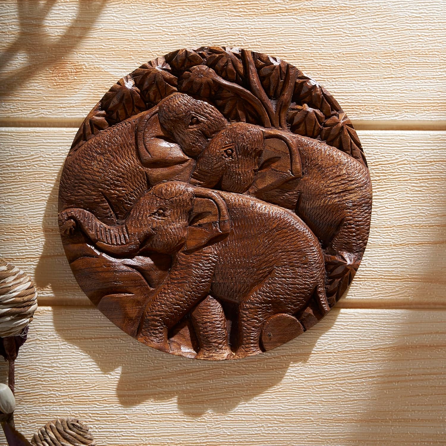 ESPLANADE Round Wooden Wall Hanging - Elephant Wall Hanging Home Decor - Traditional Vintage Design - 8" Diameter