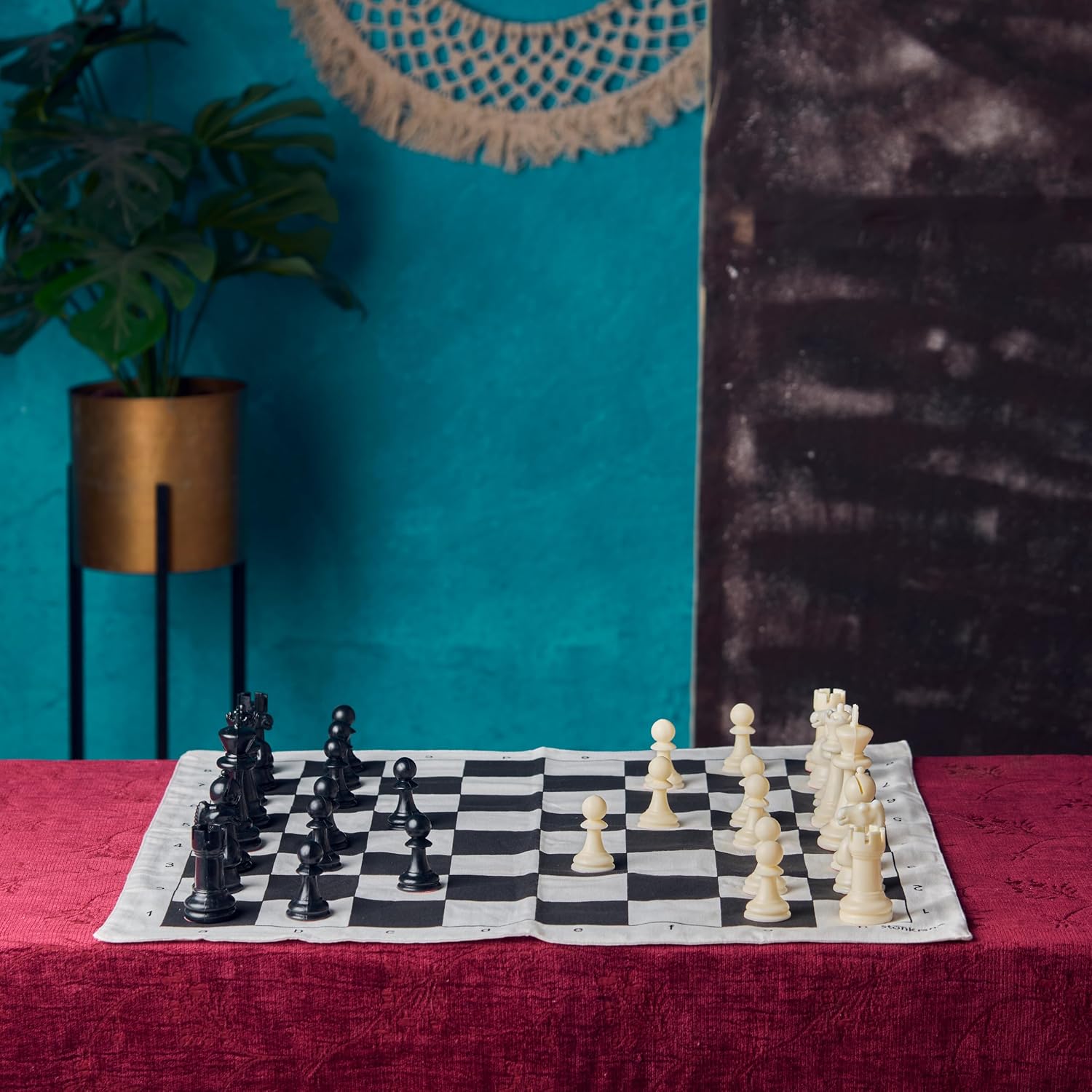 StonKraft Canvas Chess Board Set with Solid Plastic Pieces (with Two Extra Queens + Vinly Pouch) – 21" Roll-up Foldable Chessboard, Strategic Mind Indoor Game for Adults and Kids, Travel Toys Gifts