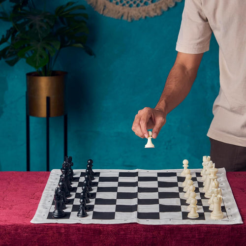 StonKraft Canvas Chess Board Set with Solid Plastic Pieces (with Two Extra Queens + Vinly Pouch) – 21