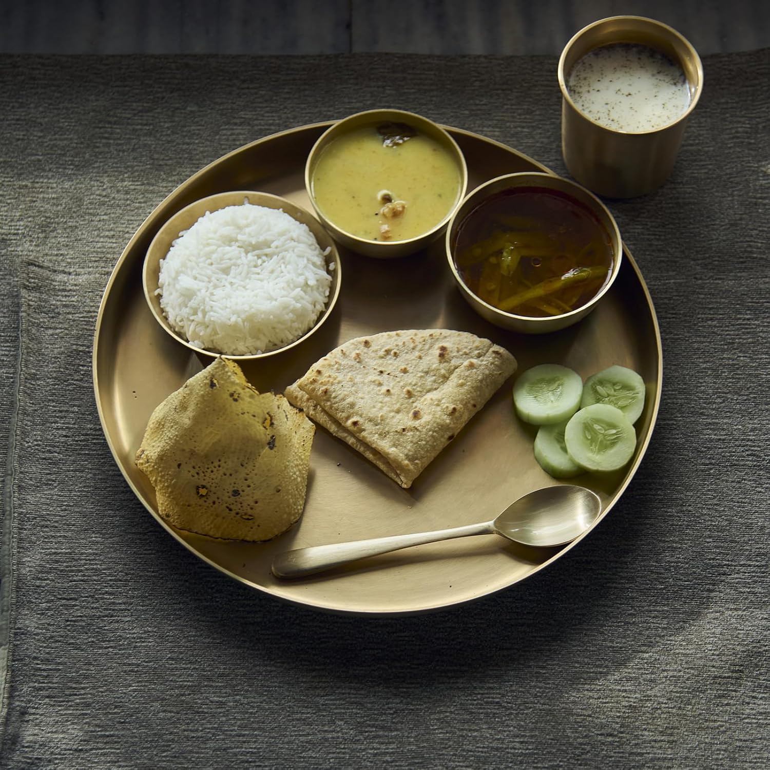 KLEO Kansa Dinner Set–Bronze Thali Set of 6 | 1 Plate, 2 Bowls, 1 Glass, 1 Spoon & 1 Sweet Dish Plate | Bronze Utensils Set for Authentic Indian Dining Colletion, Dinnerware