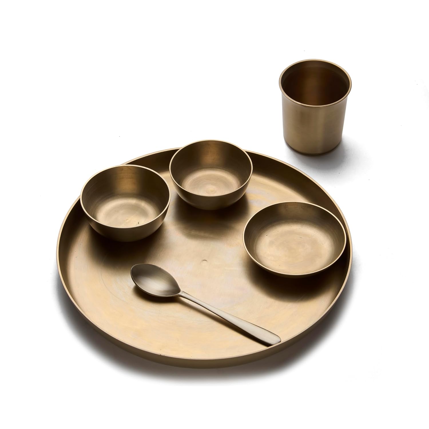KLEO Kansa Dinner Set–Bronze Thali Set of 6 | 1 Plate, 2 Bowls, 1 Glass, 1 Spoon & 1 Sweet Dish Plate | Bronze Utensils Set for Authentic Indian Dining Colletion, Dinnerware