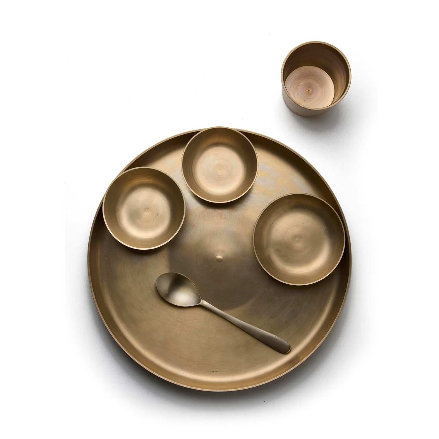 KLEO Kansa Dinner Set–Bronze Thali Set of 6 | 1 Plate, 2 Bowls, 1 Glass, 1 Spoon & 1 Sweet Dish Plate | Bronze Utensils Set for Authentic Indian Dining Colletion, Dinnerware