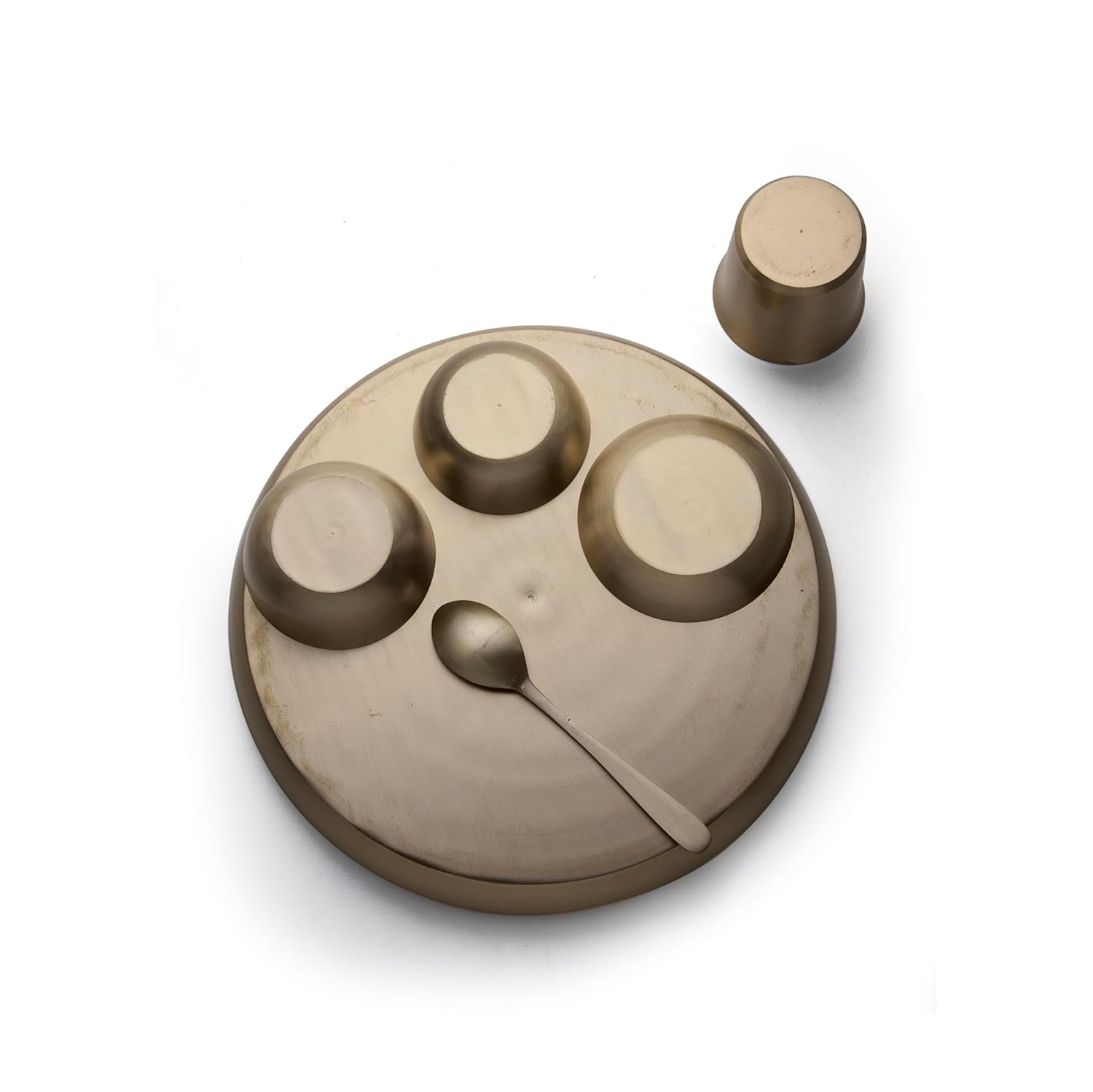 KLEO Kansa Dinner Set–Bronze Thali Set of 6 | 1 Plate, 2 Bowls, 1 Glass, 1 Spoon & 1 Sweet Dish Plate | Bronze Utensils Set for Authentic Indian Dining Colletion, Dinnerware