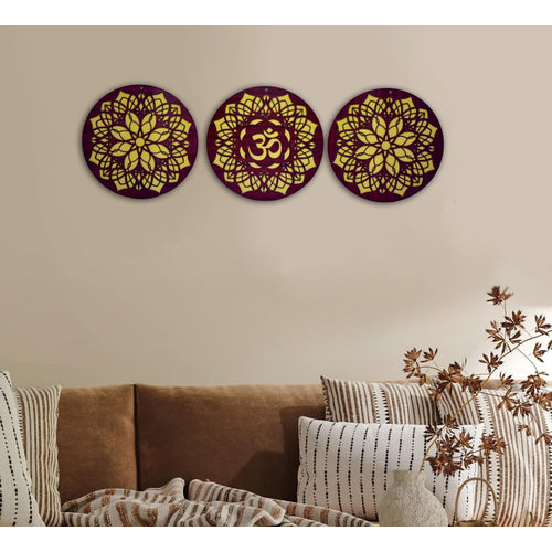 ESPLANADE Round Wood Wall Hanging Set of 3-1 Om and 2 Mandala Designs, Home Decoration Items for Living Room, Wall Decor Items, Adhesive Mandala Design Decor for Home and Office - 12in