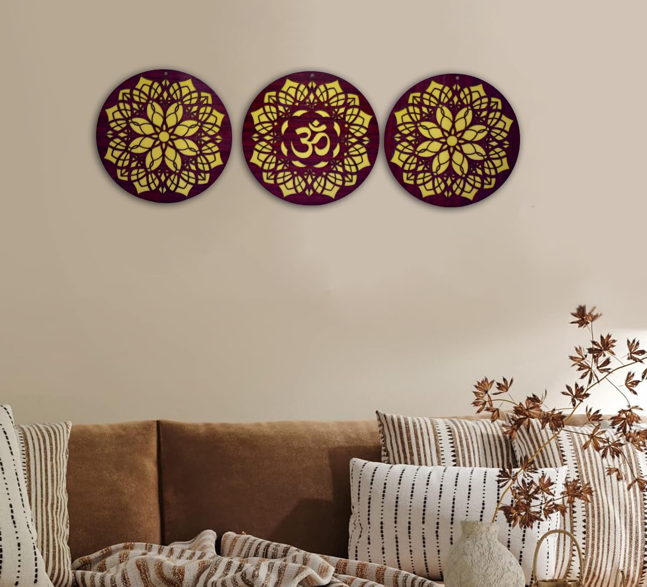 ESPLANADE Round Wood Wall Hanging Set of 3-1 Om and 2 Mandala Designs, Home Decoration Items for Living Room, Wall Decor Items, Adhesive Mandala Design Decor for Home and Office - 12in
