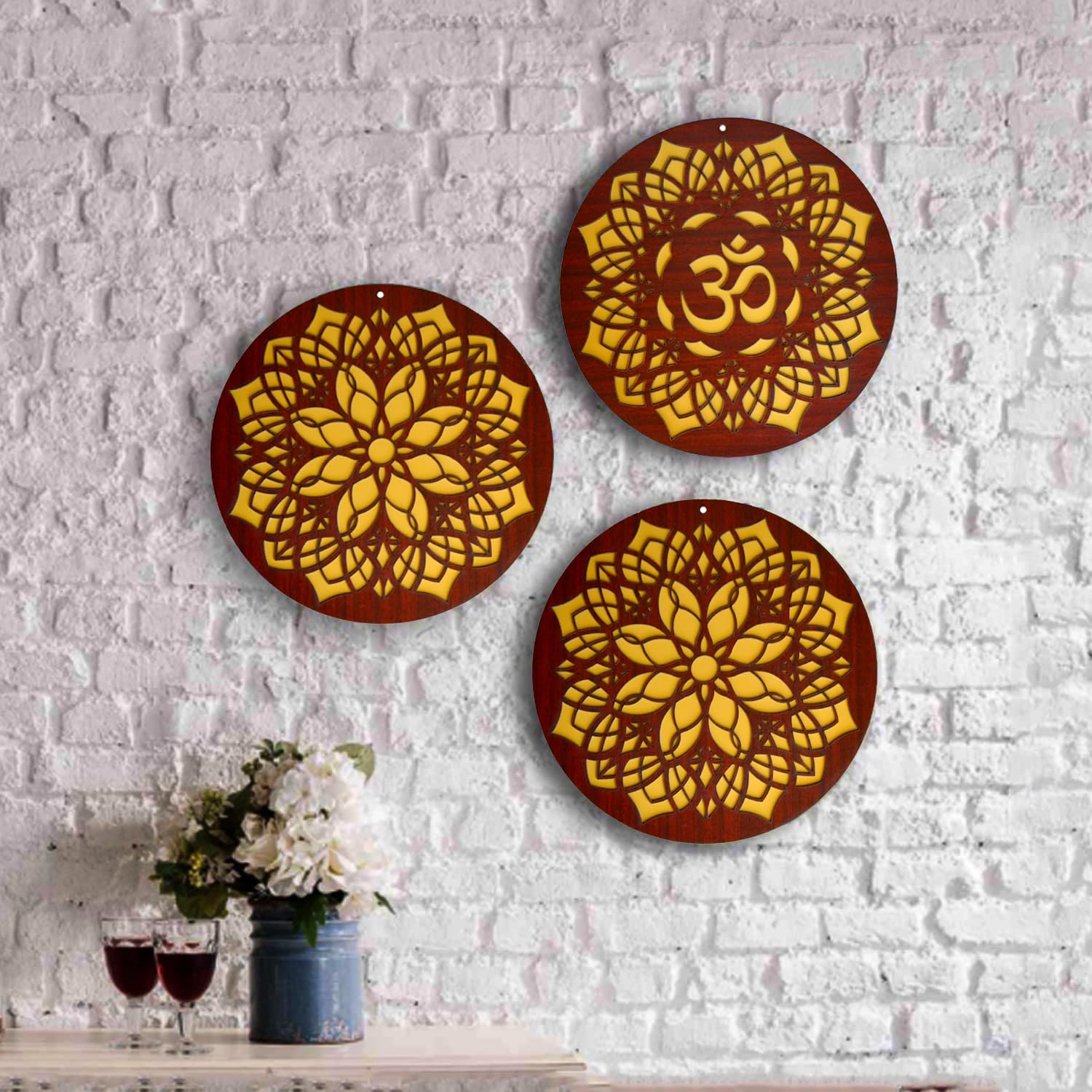 ESPLANADE Round Wood Wall Hanging Set of 3-1 Om and 2 Mandala Designs, Home Decoration Items for Living Room, Wall Decor Items, Adhesive Mandala Design Decor for Home and Office - 12in