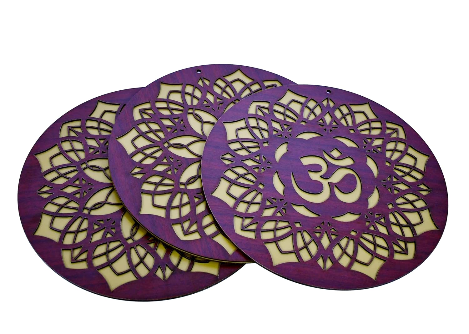 ESPLANADE Round Wood Wall Hanging Set of 3-1 Om and 2 Mandala Designs, Home Decoration Items for Living Room, Wall Decor Items, Adhesive Mandala Design Decor for Home and Office - 12in