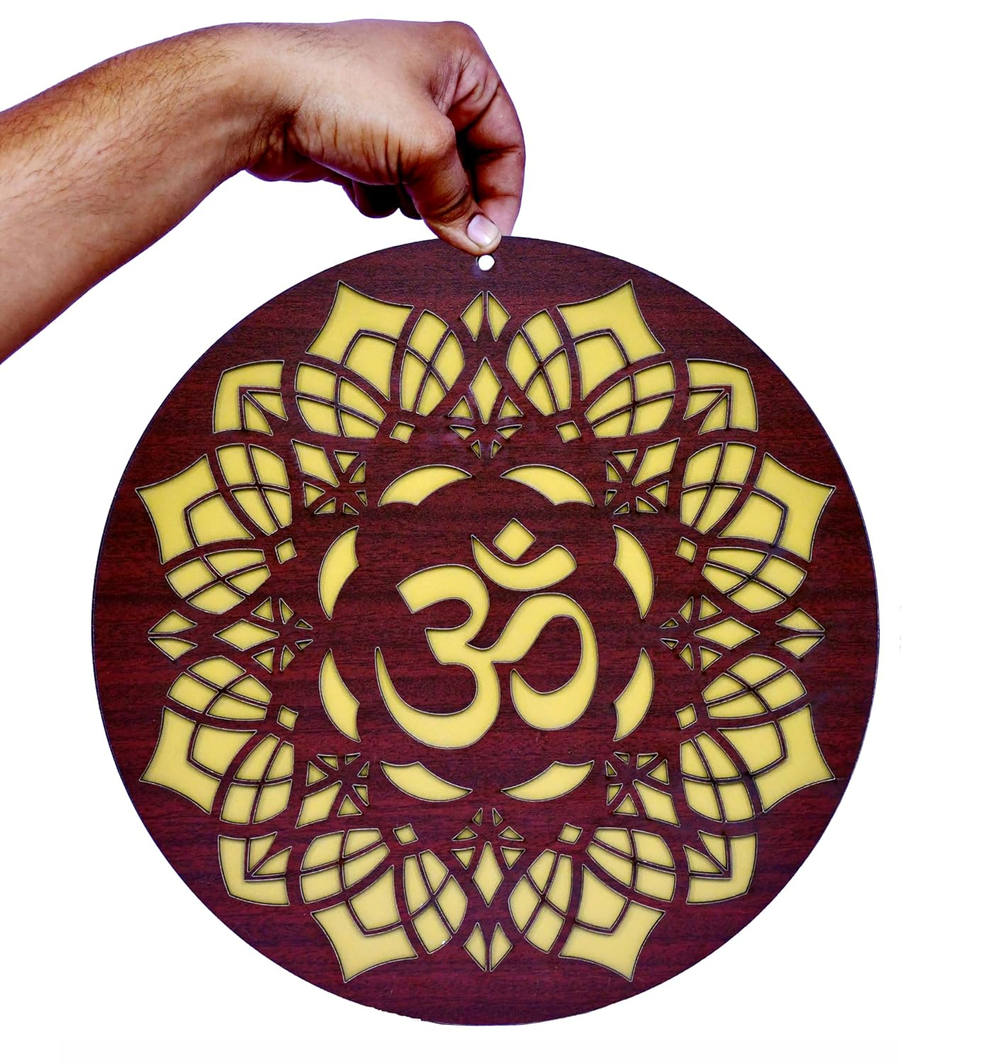 ESPLANADE Round Wood Wall Hanging Set of 3-1 Om and 2 Mandala Designs, Home Decoration Items for Living Room, Wall Decor Items, Adhesive Mandala Design Decor for Home and Office - 12in