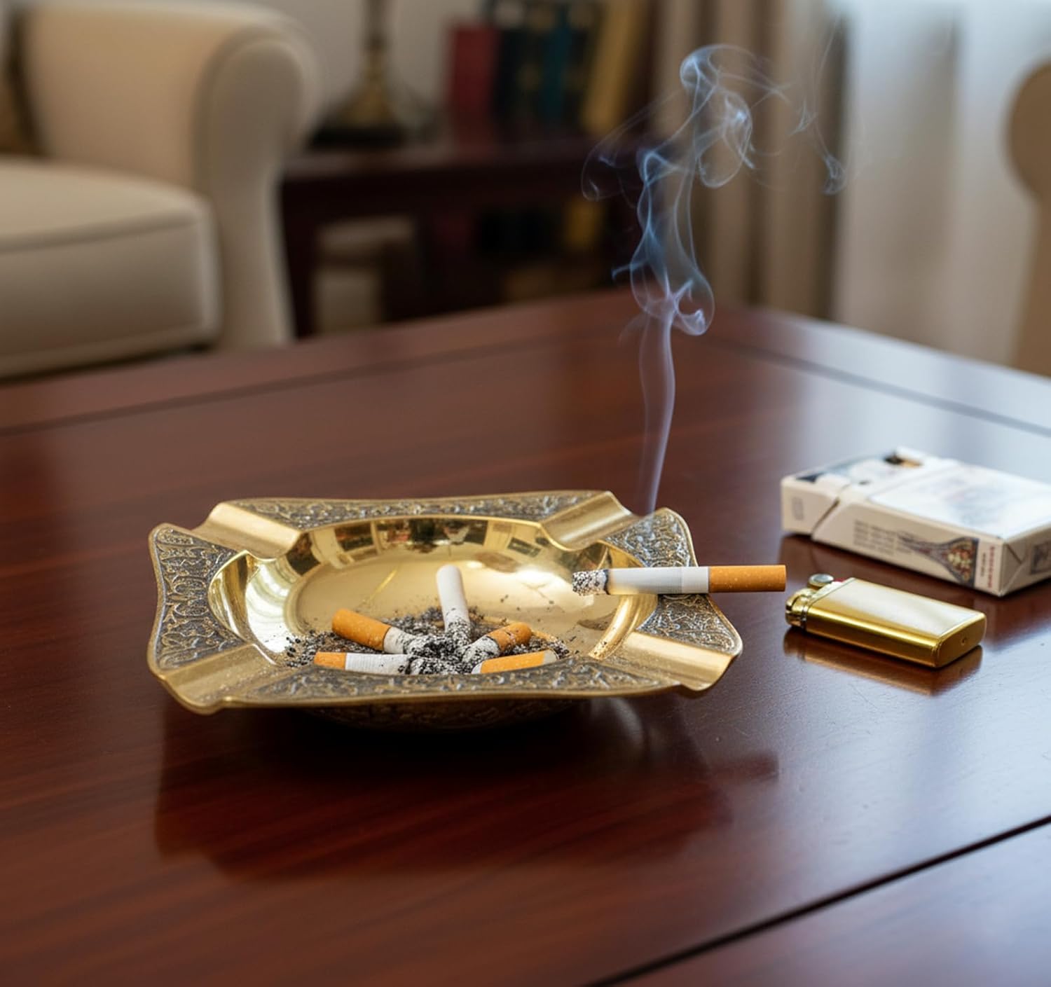 Esplanade Brass Ash Tray for Cigarette – Vintage Ashtray for Cigarette Stylish, Engraved Design, Rustic Look, Living Room Décor, Gifts for Men, Home Décor Items, 5 inch, Golden