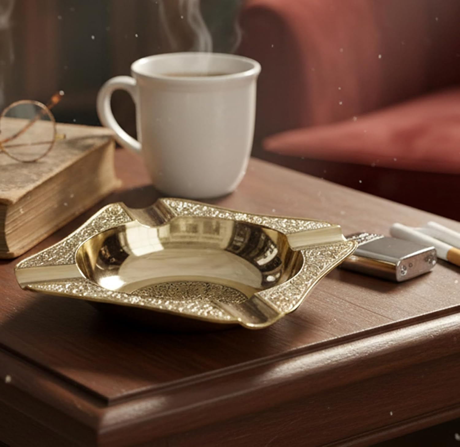 Esplanade Brass Ash Tray for Cigarette – Vintage Ashtray for Cigarette Stylish, Engraved Design, Rustic Look, Living Room Décor, Gifts for Men, Home Décor Items, 5 inch, Golden