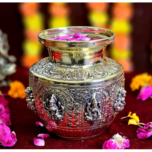 Esplanade Brass Kalash Lota for Puja, Engraved Ashtalaxmi Kalash, Premium Kalasam,Eight Lakshmi Brass Pooja Items for Pooja Room, Vintage Décor for Home, 5.5
