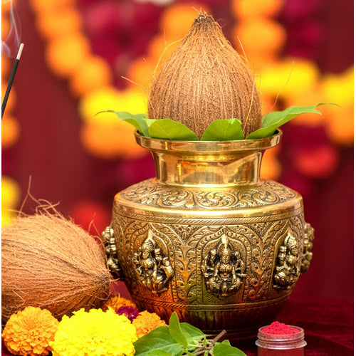 Esplanade Brass Kalash Lota for Puja, Engraved Ashtalaxmi Kalash, Premium Kalasam,Eight Lakshmi Brass Pooja Items for Pooja Room, Vintage Décor for Home, 5.5
