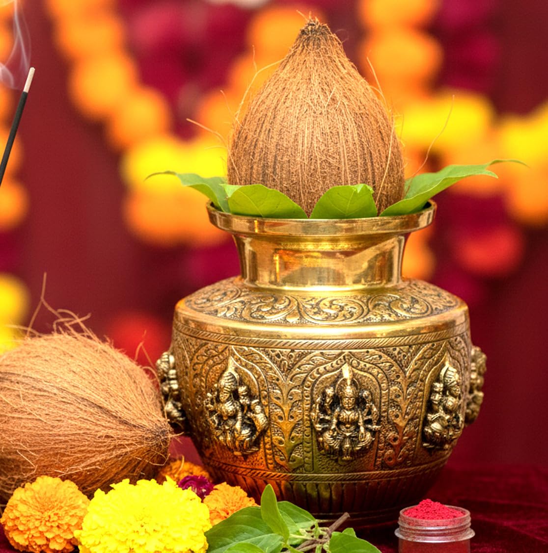 Esplanade Brass Kalash Lota for Puja, Engraved Ashtalaxmi Kalash, Premium Kalasam,Eight Lakshmi Brass Pooja Items for Pooja Room, Vintage Décor for Home, 5.5"