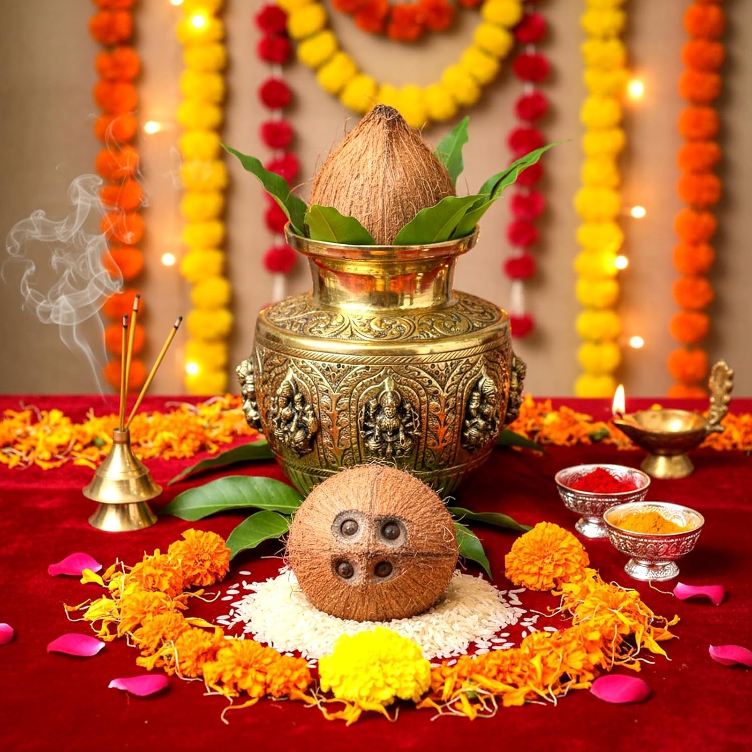 Esplanade Brass Kalash Lota for Puja, Engraved Ashtalaxmi Kalash, Premium Kalasam,Eight Lakshmi Brass Pooja Items for Pooja Room, Vintage Décor for Home, 5.5"