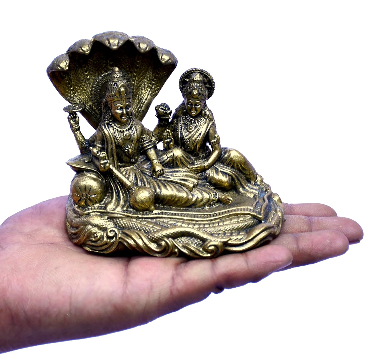 ESPLANADE Brass Vishnu Murti Resting on Sheshnag with Lakshmi Maa - 4" Padmanabhaswamy Narayan God Idol, Handmade Statue, Hindu God Idols for Pooja Room, Mandir Decoration